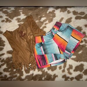 Colorful Serape Stripe Western Fringe Shorts & Faux Suede Vest Size 4-5